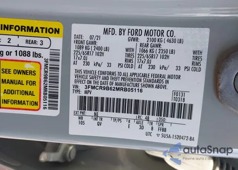 2021 Ford Bronco Sport Big Bend from USA, damaged, VIN 3FMCR9B62MRB05116